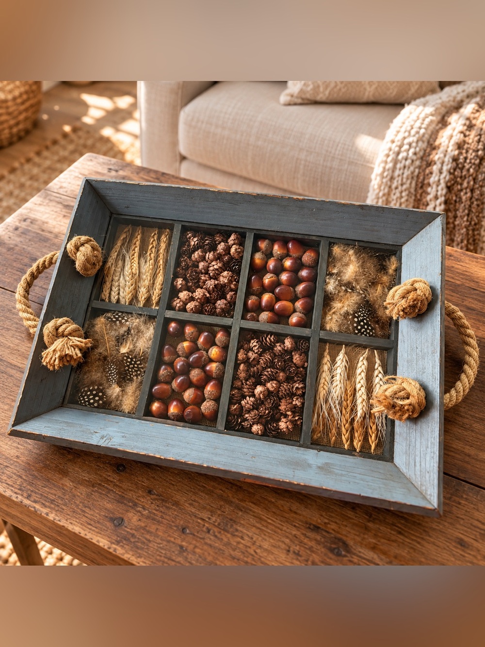 Pier 1 Rustic Autumn Botanical Display Serving Tray Rope Handles